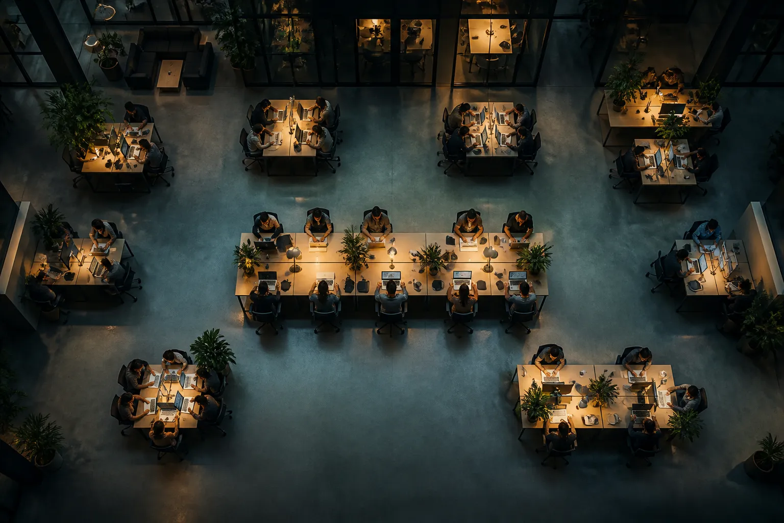 Diverse business teams collaborating with AI tools in a modern office