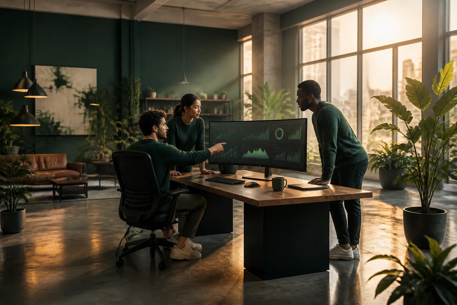 A focused founding team reviewing AI platform dashboards together in a modern workspace